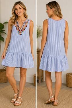 beachlunchlounge Blue & White Striped Embroidered Mini Dress